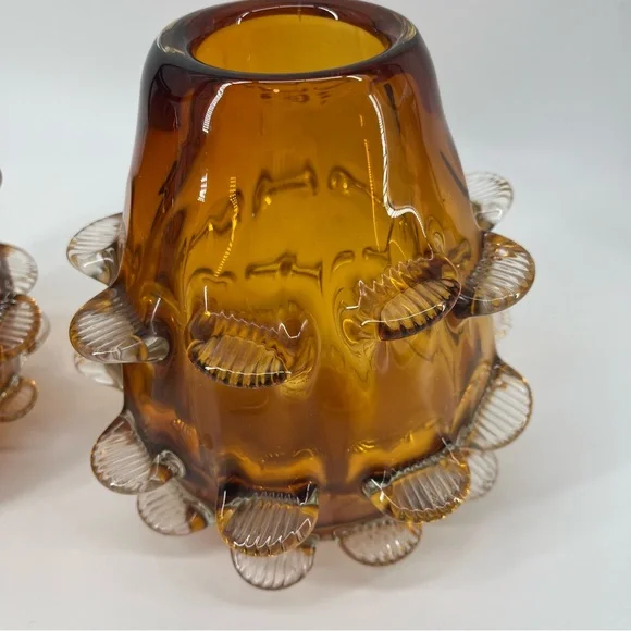 Vintage MCM Set‎ of 2 Amber Glass Vases with Textured Design 7” Tall Heavy